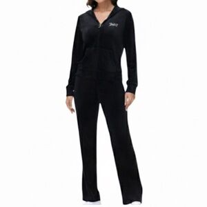 Juicy Couture Black Bling Velour Hoodie & Matching Flare Velour Pants Large EUC!